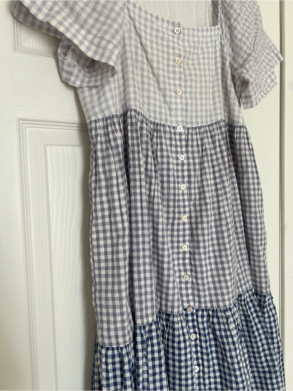 Madewell Blue and White Gingham Tiered Button-Front Dress